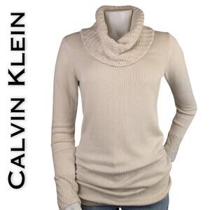 Calvin Klein Jeans Oatmeal Cowl Neck Mixed Knit Sweater Ruched Sides Size Small